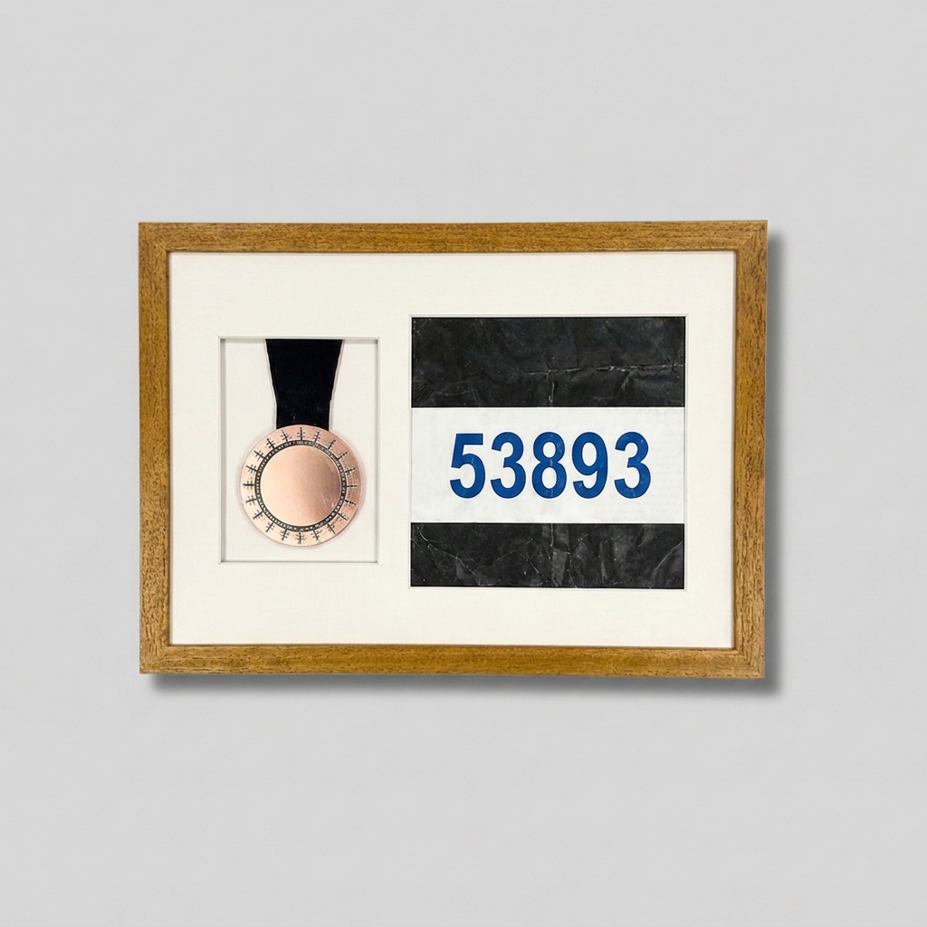 a framed display with a medal and a number displayed on it.