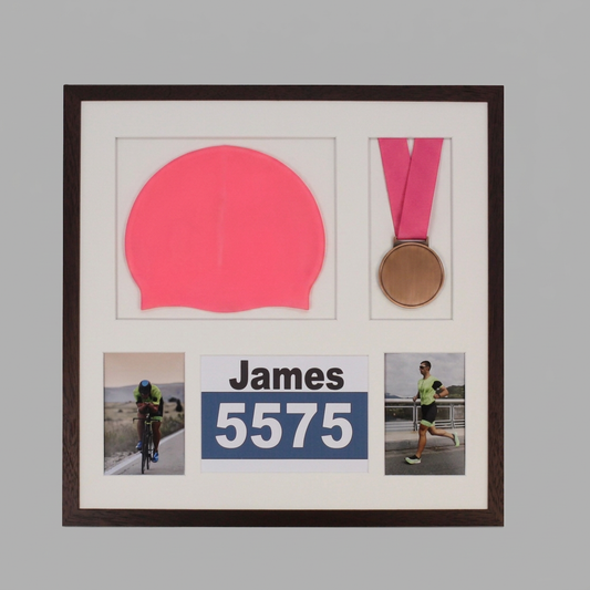 The image is a framed collage that includes a pink swim cap, a medal, and two photographs of a person running.