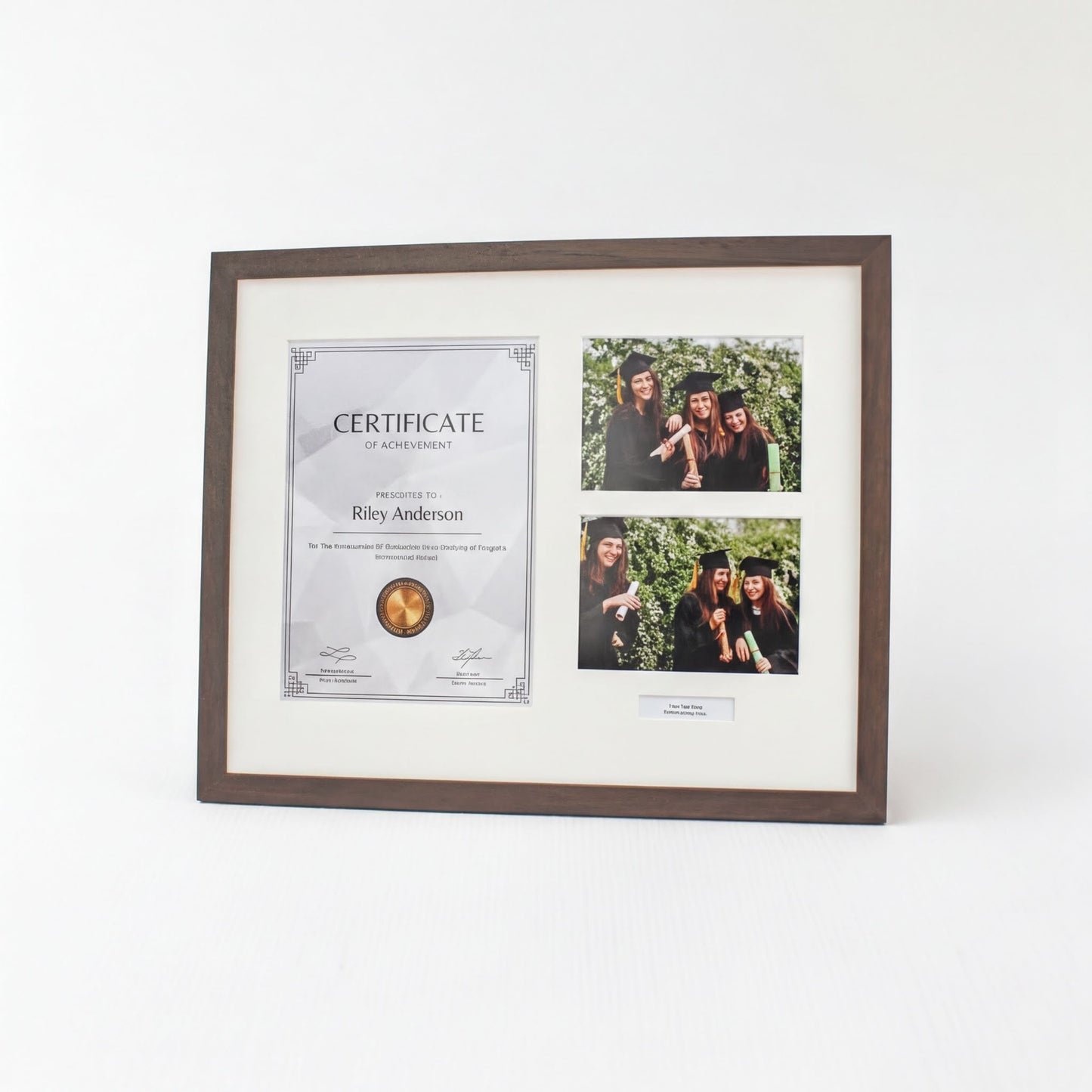 The image is a framed collage of two photos, one of which is a graduation photo, and the other is a group photo of three people.