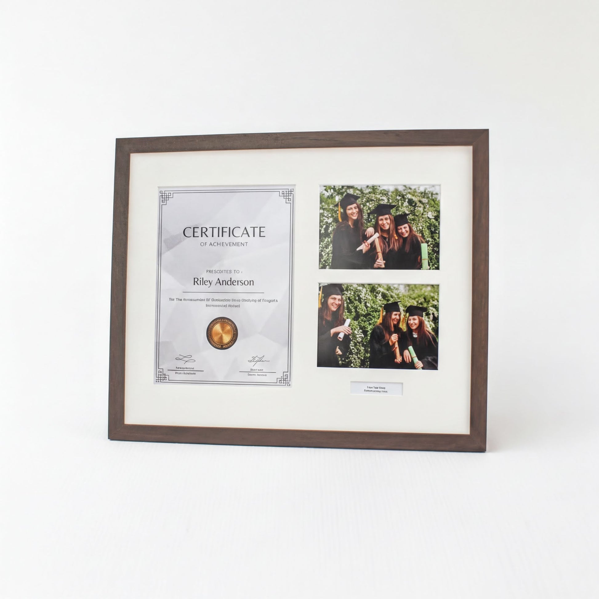 The image is a framed collage of two photos, one of which is a graduation photo, and the other is a group photo of three people.