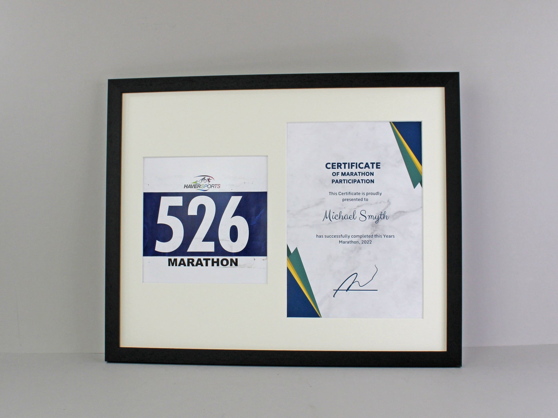 Frame to suit a Running / Cycling Bib and an A4 Certificate / Course Map. Landscape or Portrait - PhotoFramesandMore - Wooden Picture Frames