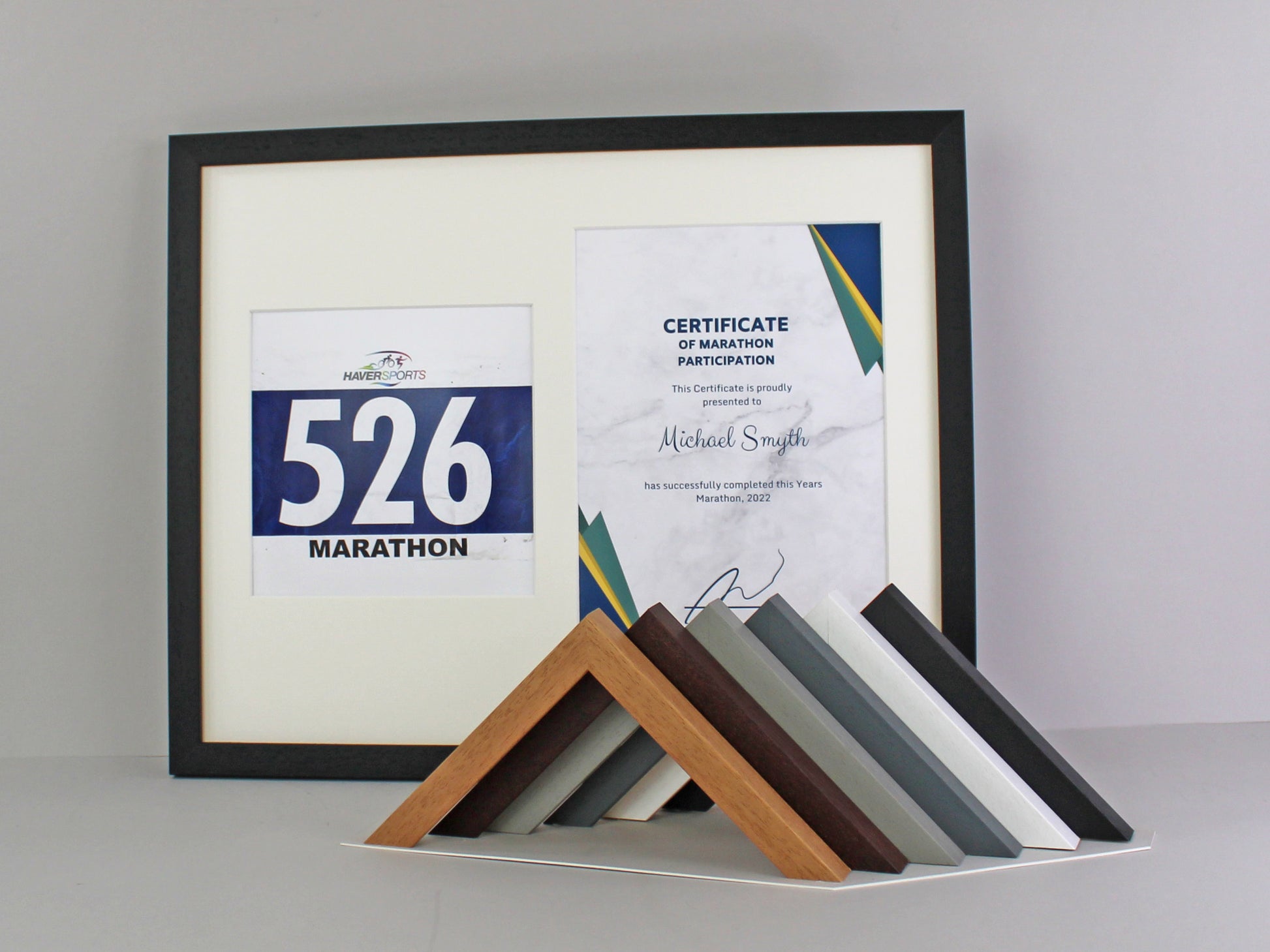 Frame to suit a Running / Cycling Bib and an A4 Certificate / Course Map. Landscape or Portrait - PhotoFramesandMore - Wooden Picture Frames