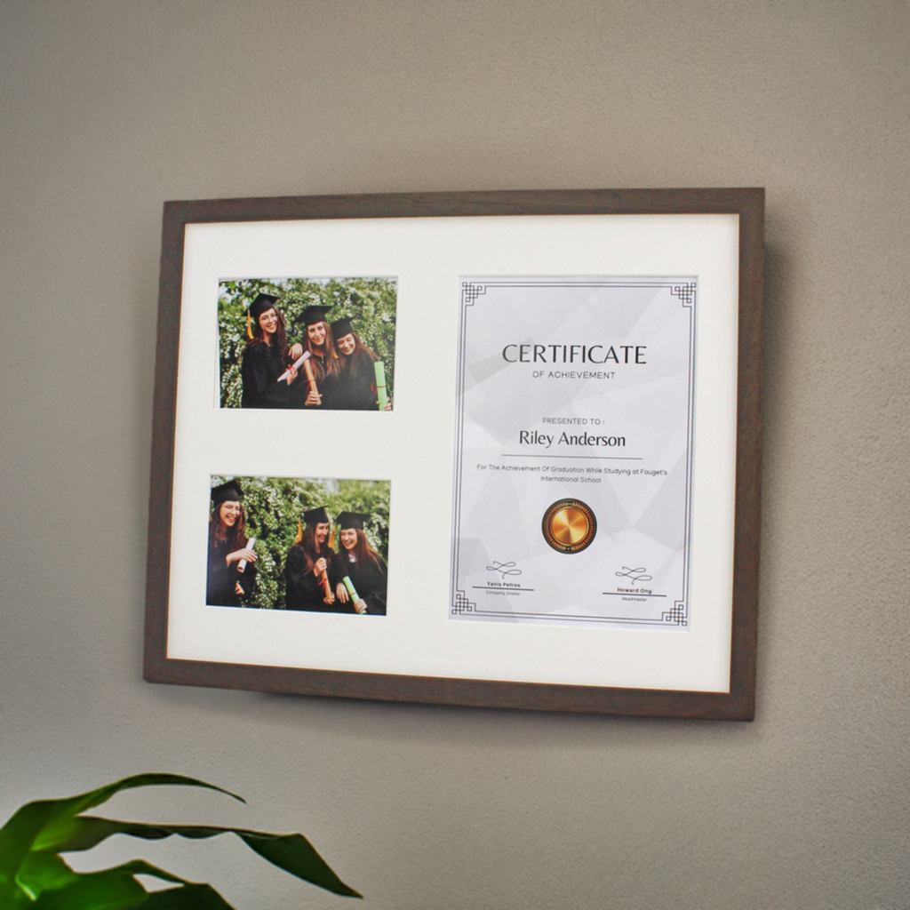 Certificate, Graduation, Diploma Frame with Two Photos. Suits an A4 sized Photo/Certificate and Two 5x7" Photos.