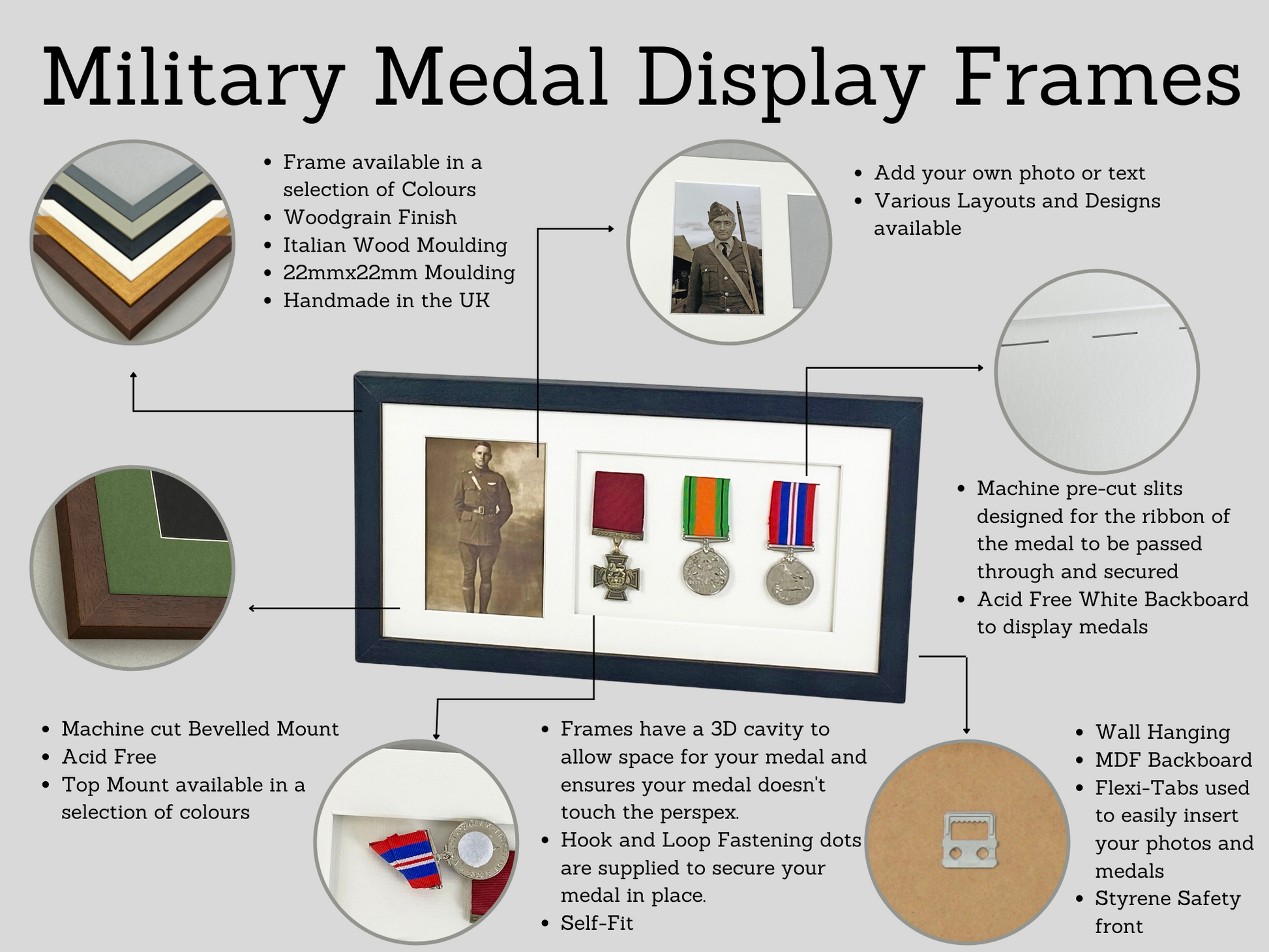 Military and Service Medal display Frame for Four Medals and Two 6x4" Photographs. 20x50cm. - PhotoFramesandMore - Wooden Picture Frames