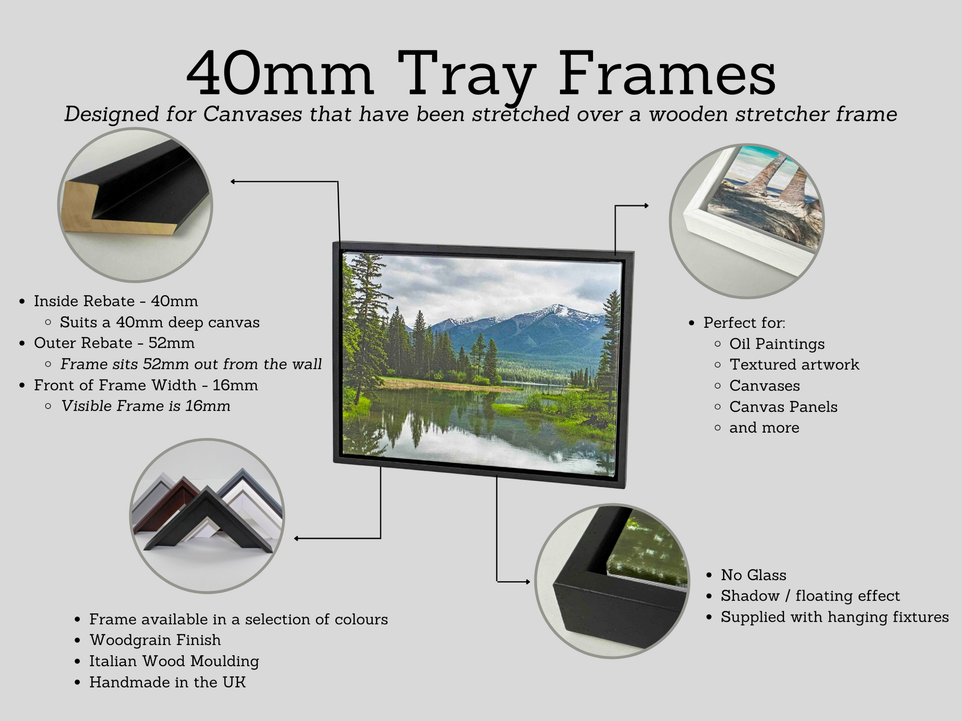 Deep Canvas Tray Frames. 40mm Deep. Standard Sizes. Floating Effect Frames for Canvases. - PhotoFramesandMore - Wooden Picture Frames
