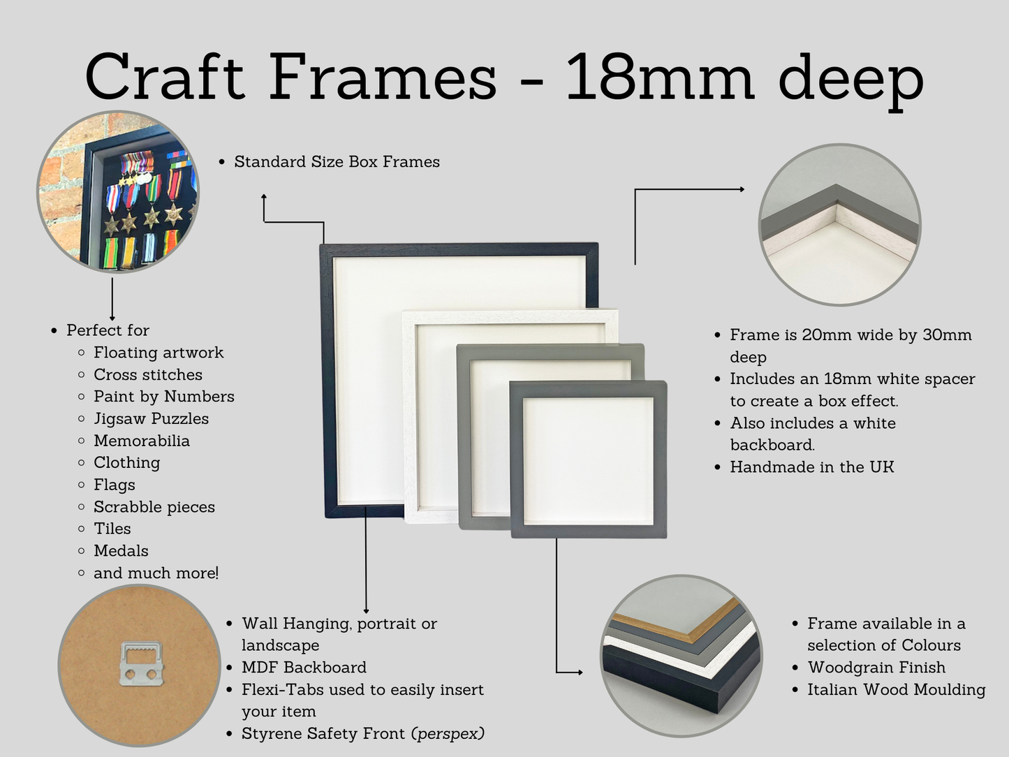 Square Wooden Craft / Box Frame- 18mm Deep. Standard Sizes. - PhotoFramesandMore - Wooden Picture Frames