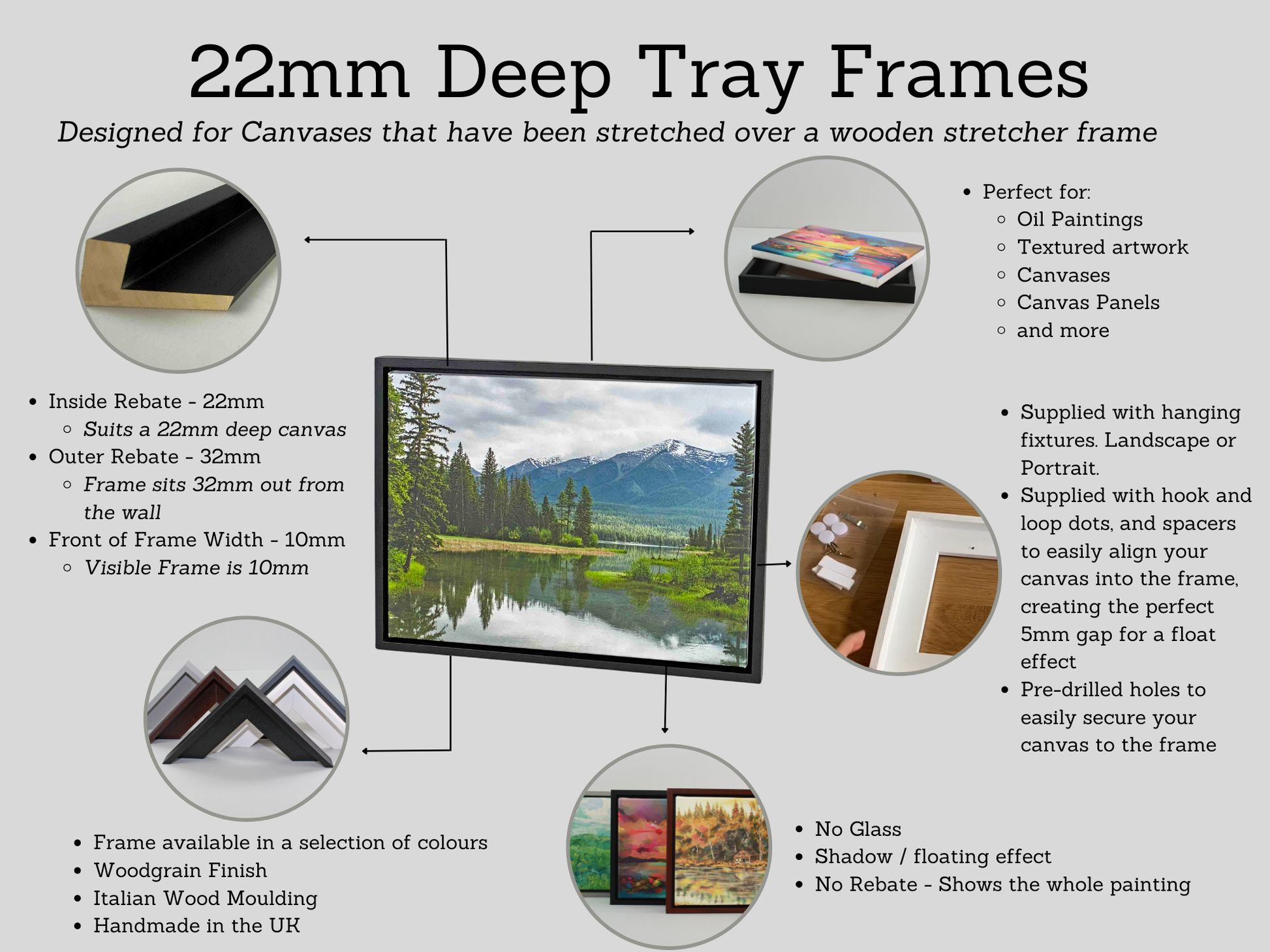 Mahogany Colour - Wooden Tray Frames. 22mm Deep. Standard Size. Floating Effect Frames for Canvases. - PhotoFramesandMore - Wooden Picture Frames