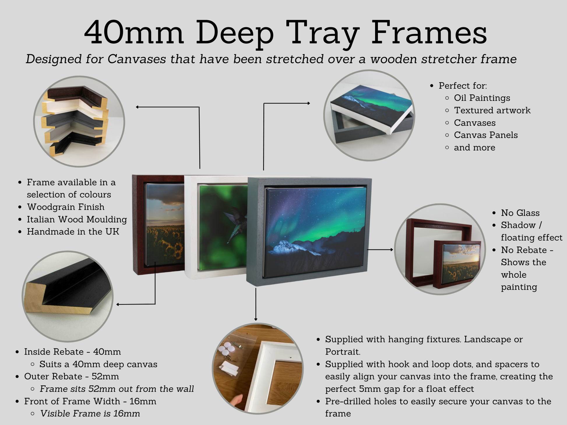 Black - 40mm Deep Canvas Tray Frames.  Standard Sizes. Floating Effect Frames for Canvases. - PhotoFramesandMore - Wooden Picture Frames