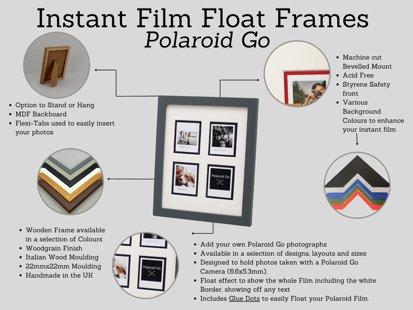 Polaroid GO Film Float Frame - Suits Four Polaroid Gos | Wooden Photo Frame showing the entire Photo, including border. - PhotoFramesandMore - Wooden Picture Frames