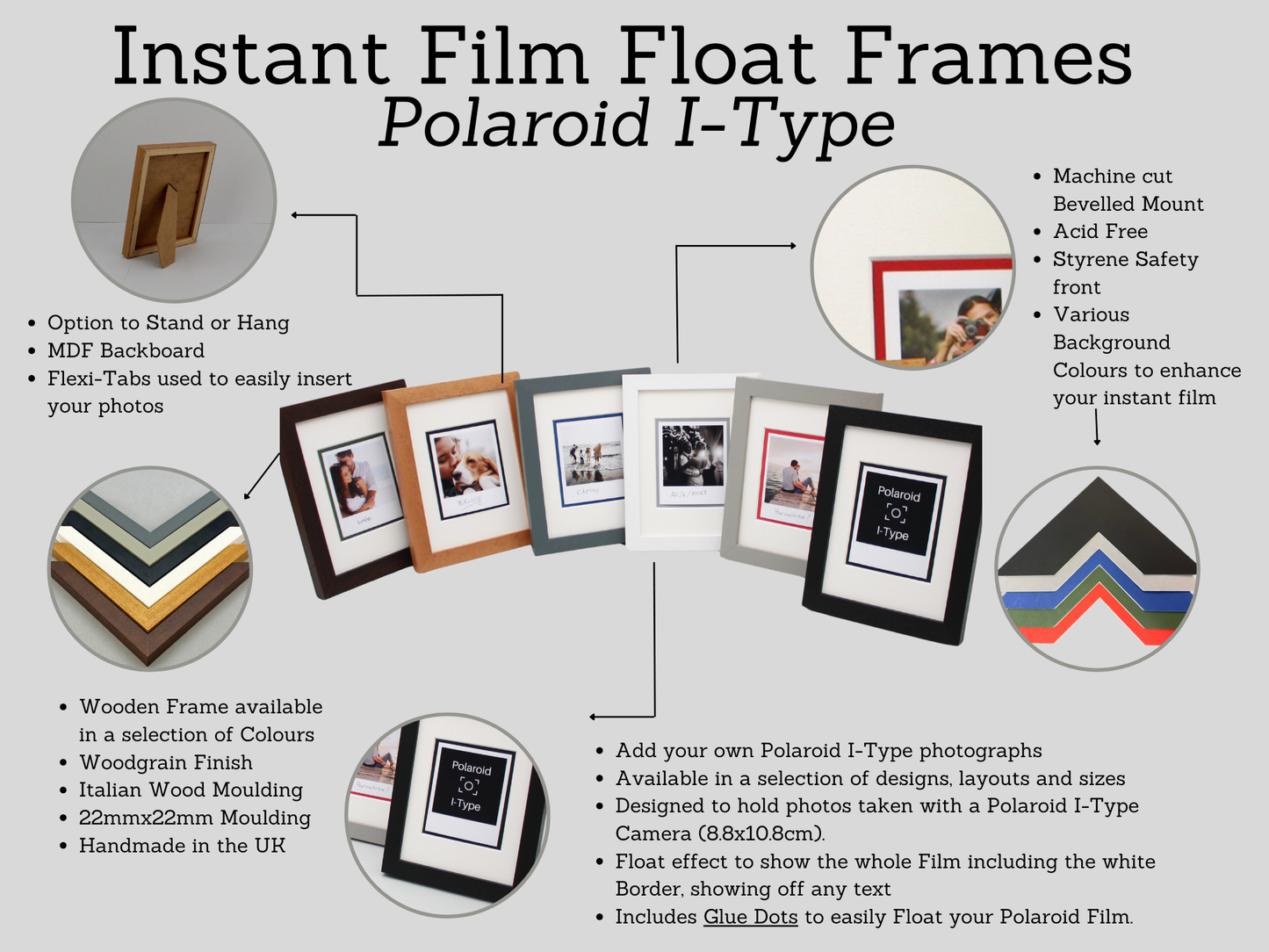 Polaroid I-TYPE Film Float Frame - Suits One Polaroid I-Type | Wooden Photo Frame showing the entire Photo, including border. - PhotoFramesandMore - Wooden Picture Frames