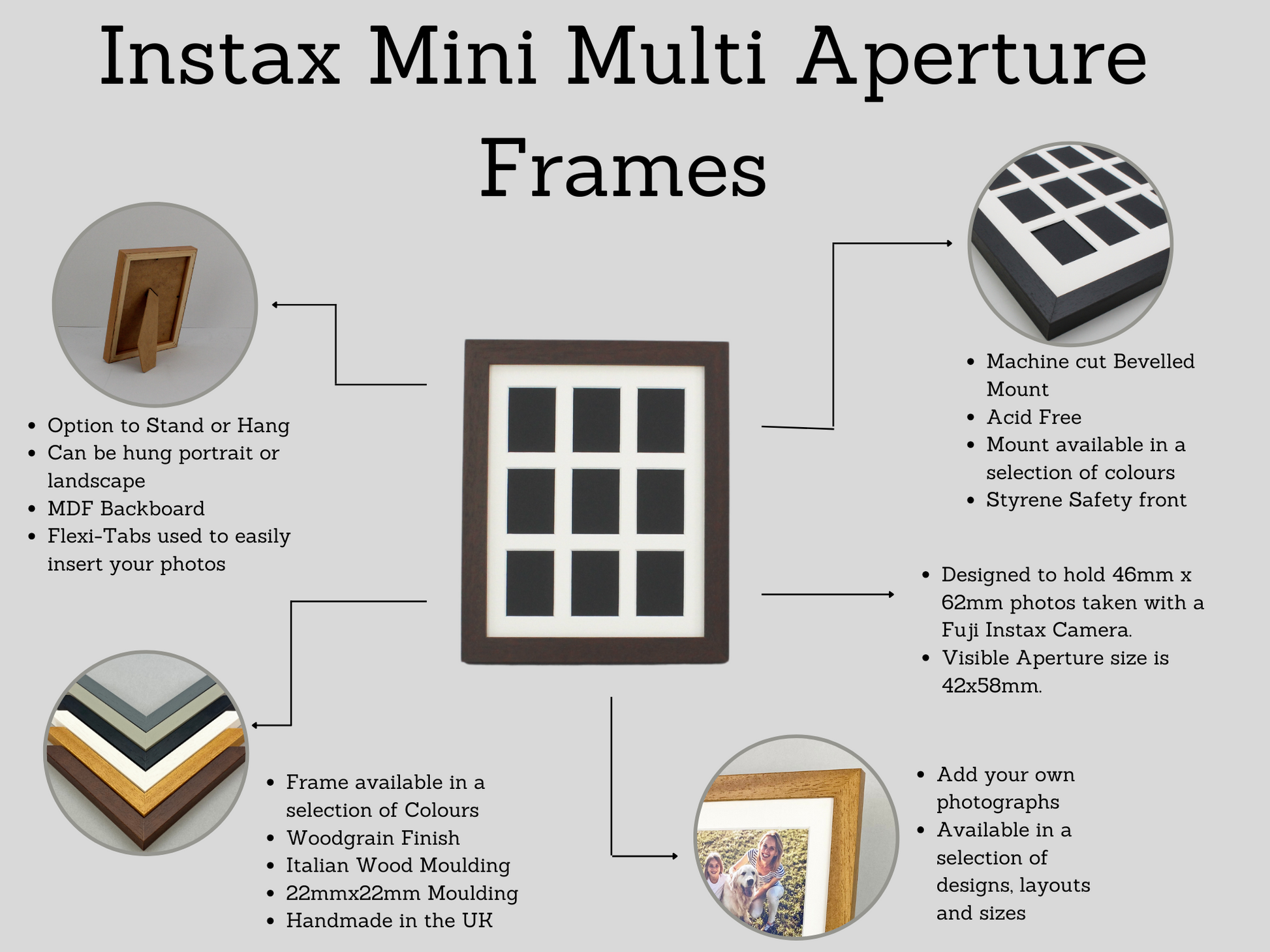 Instax Mini Multi Aperture Wooden Photo Frame. Holds nine instax sized Photos. 10x8" Frame. Portrait or Landscape. Stand or Hang. - PhotoFramesandMore - Wooden Picture Frames