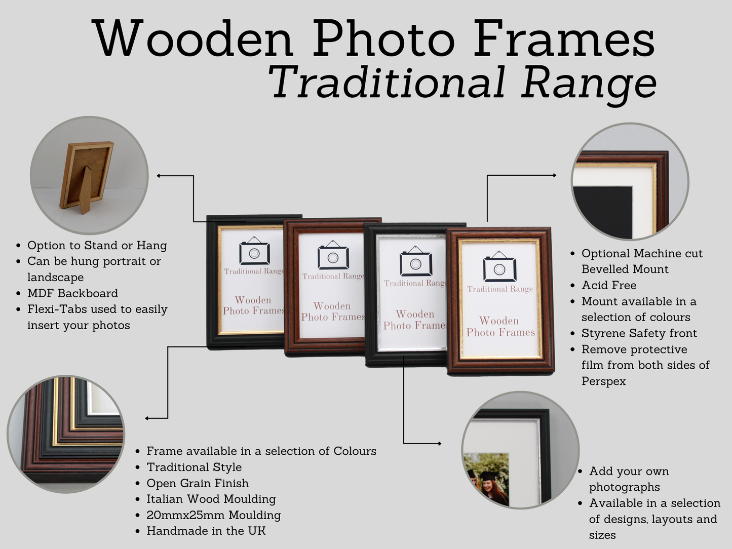 Mahogany Colour - Traditional Style Wooden Photo Frames - Stand or Hang.