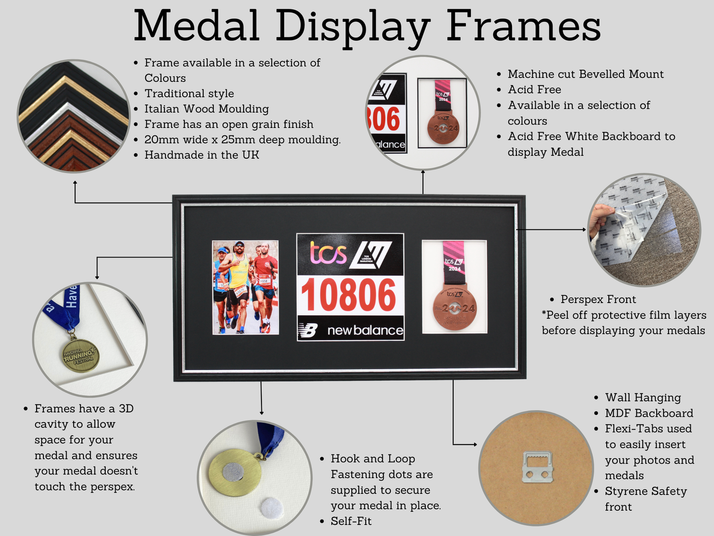 Sports Medal Display Frame for Medal, Race Bib and Photo. Traditional Style Frame. Perfect to showcase Marathon Medals.