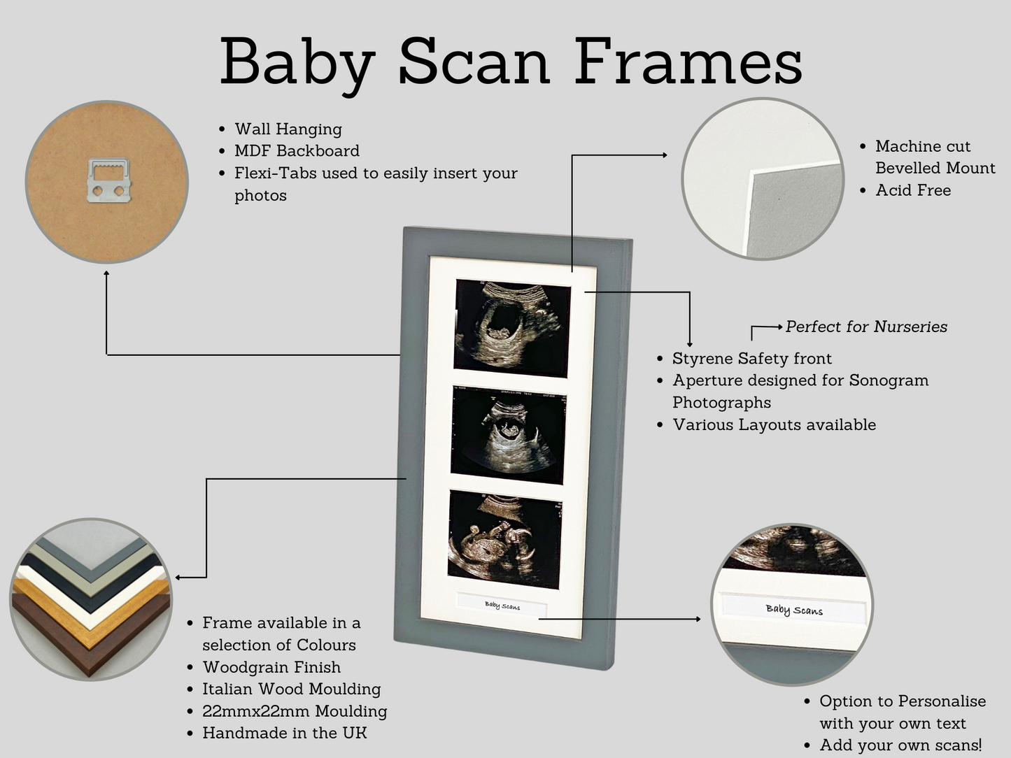 Baby Scan Frame - Portrait Multi Aperture Frame for Three scans and text. - PhotoFramesandMore - Wooden Picture Frames