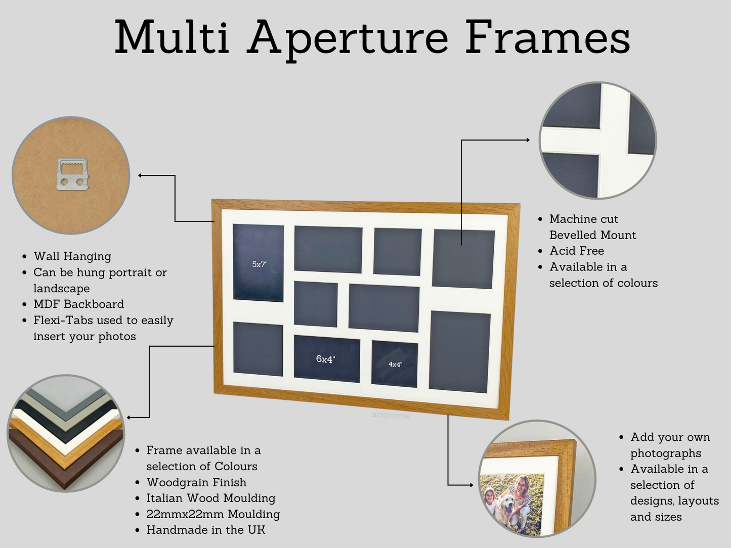 Personalised Multi Aperture frame for Three 5x7" Photos. Mixed Layout. 25x60cm.