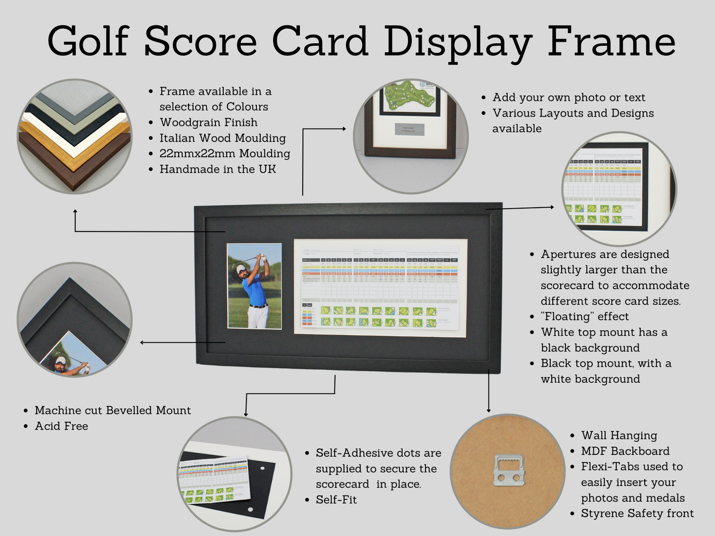 Personalised Golf Score Card Display Frame, With 6x4" Photo. 25x50cm Frame | Score Card sizes can vary - Check your size before purchase.