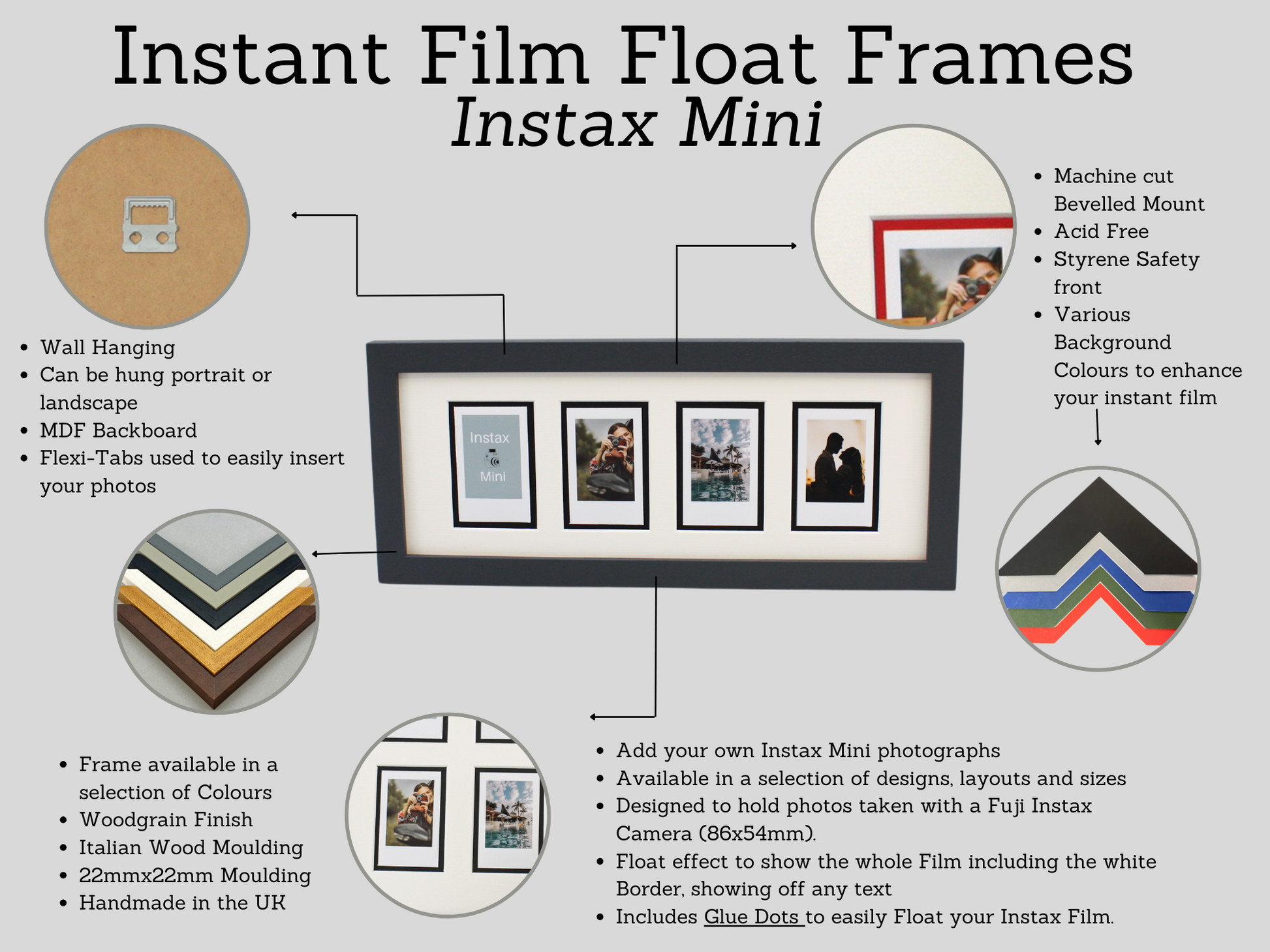 Instax Film Float Frame - Suits Four Instax Minis - PhotoFramesandMore - Wooden Picture Frames