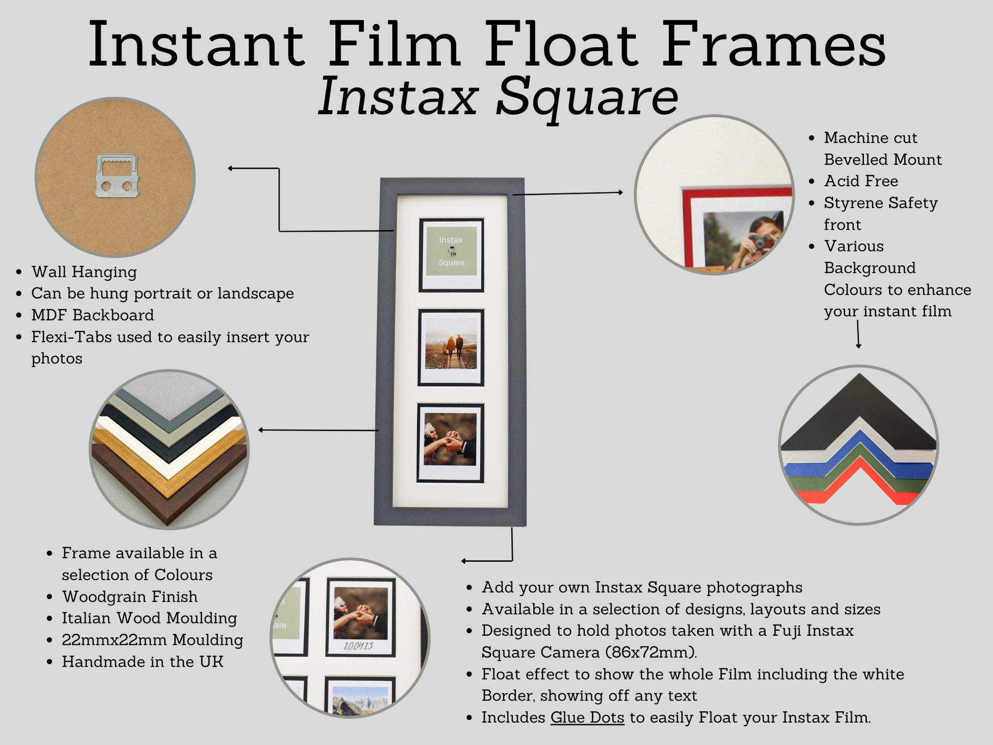 Instax Film Float Frame - Suits Twelve Instax Squares - PhotoFramesandMore - Wooden Picture Frames