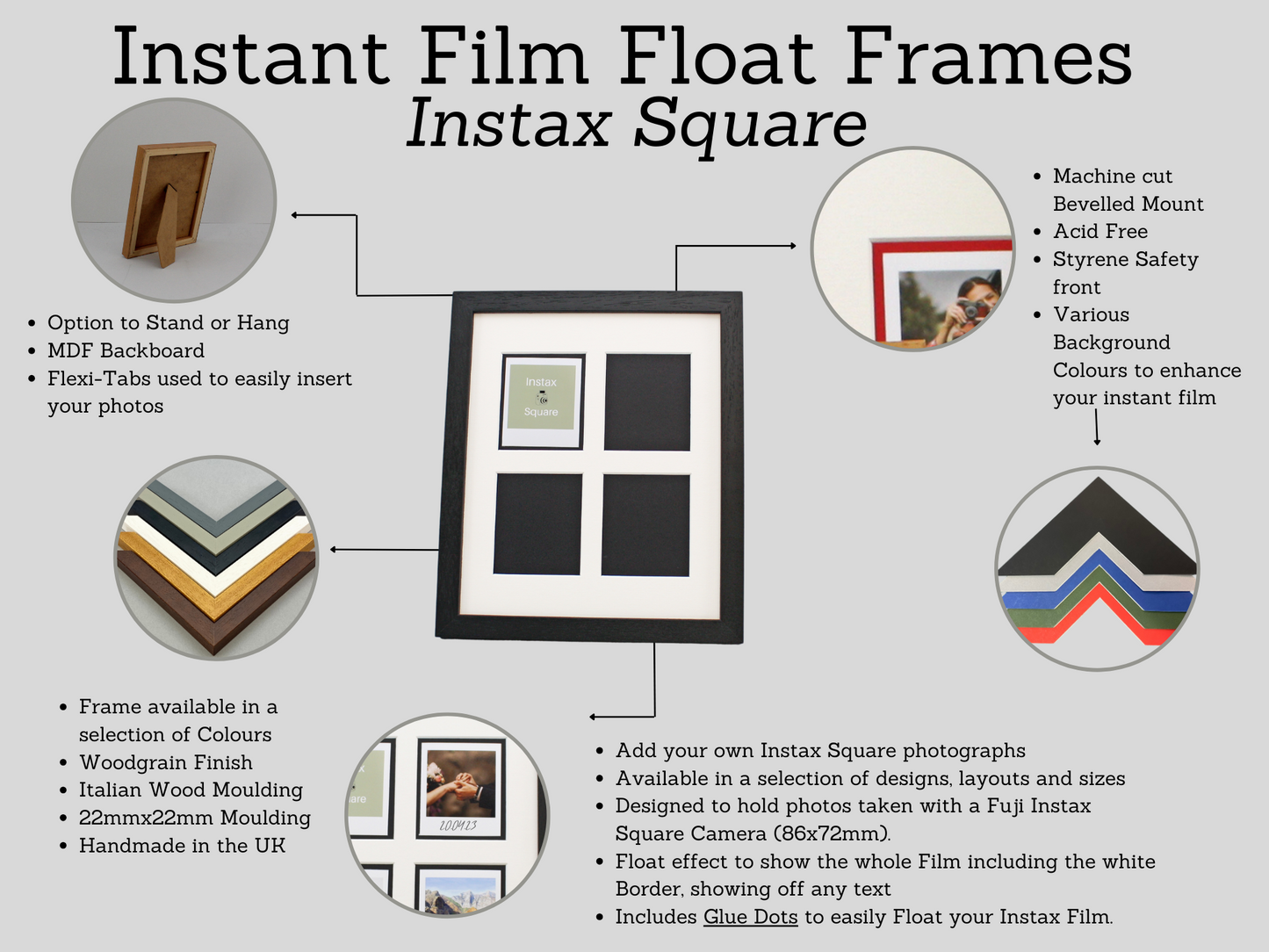 Instax Film Float Frame - Suits Four Instax Square Films - PhotoFramesandMore - Wooden Picture Frames