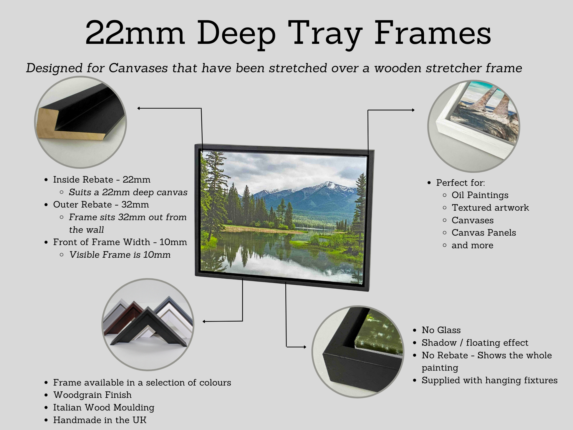 Canvas Tray Frames. 22mm Deep. Standard Size. Floating Effect Frames for Canvases. - PhotoFramesandMore - Wooden Picture Frames