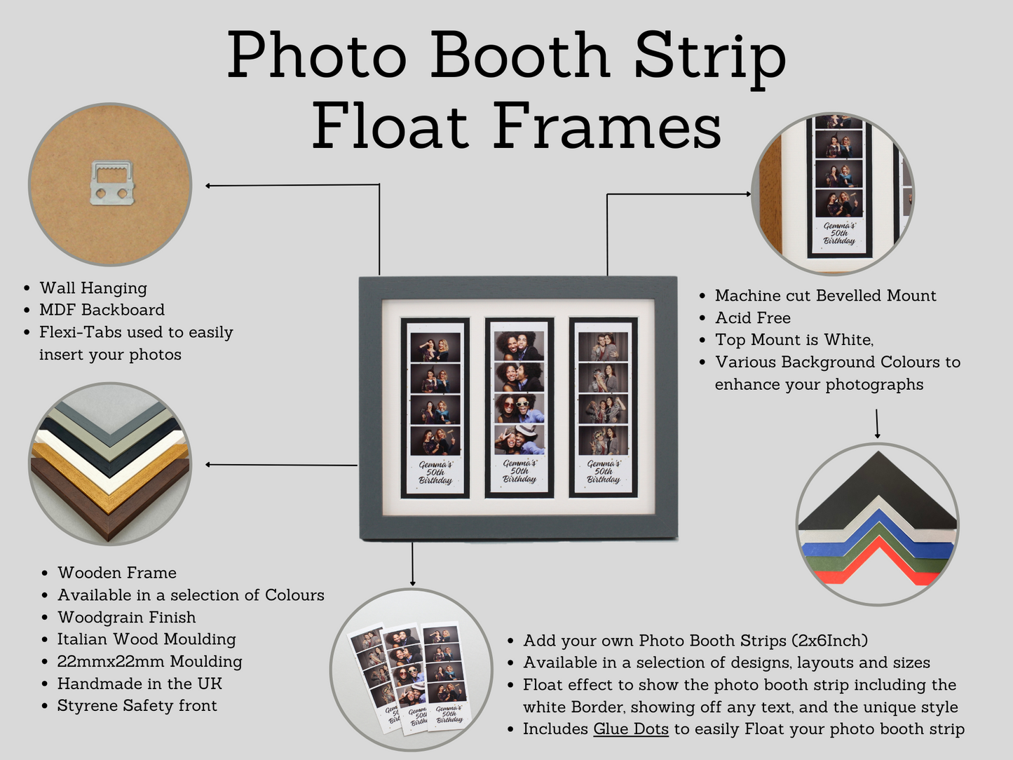 Photo Booth Float Frame - 1 Photo Booth Strip - Floating Photo Frame showing the entire Photo strip, including border. - PhotoFramesandMore - Wooden Picture Frames