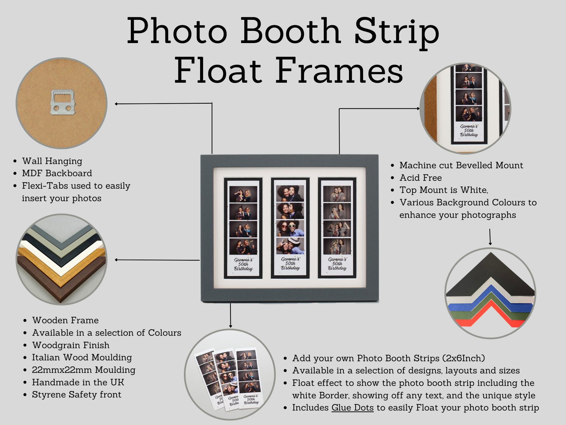 Photo Booth Strip Floating Frame - 3 Photo Booth Strips - Floating Photo Frame showing the entire Photo strip, including border. - PhotoFramesandMore - Wooden Picture Frames