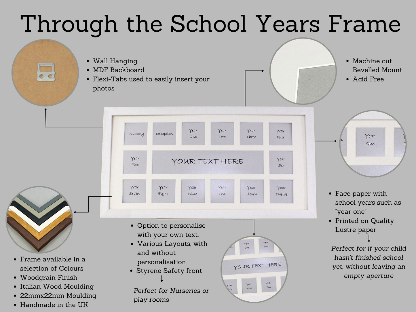 School Years Photo Frame - Multi Aperture Frame. 20x40cm. - PhotoFramesandMore - Wooden Picture Frames