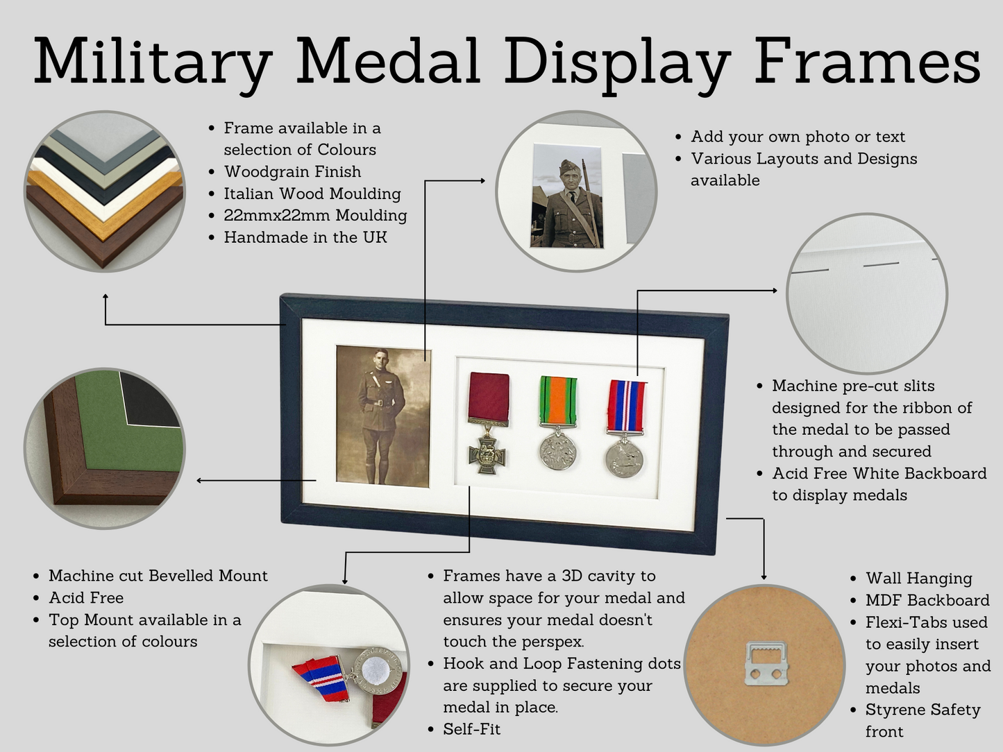 Personalised Military Medal display Frame for Eight Medals and a 6x4" Photograph. 20x60cm. - PhotoFramesandMore - Wooden Picture Frames