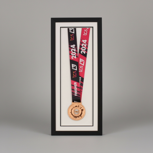 Medal display Frame. For one medal, with full ribbon on show. 20x50cm.