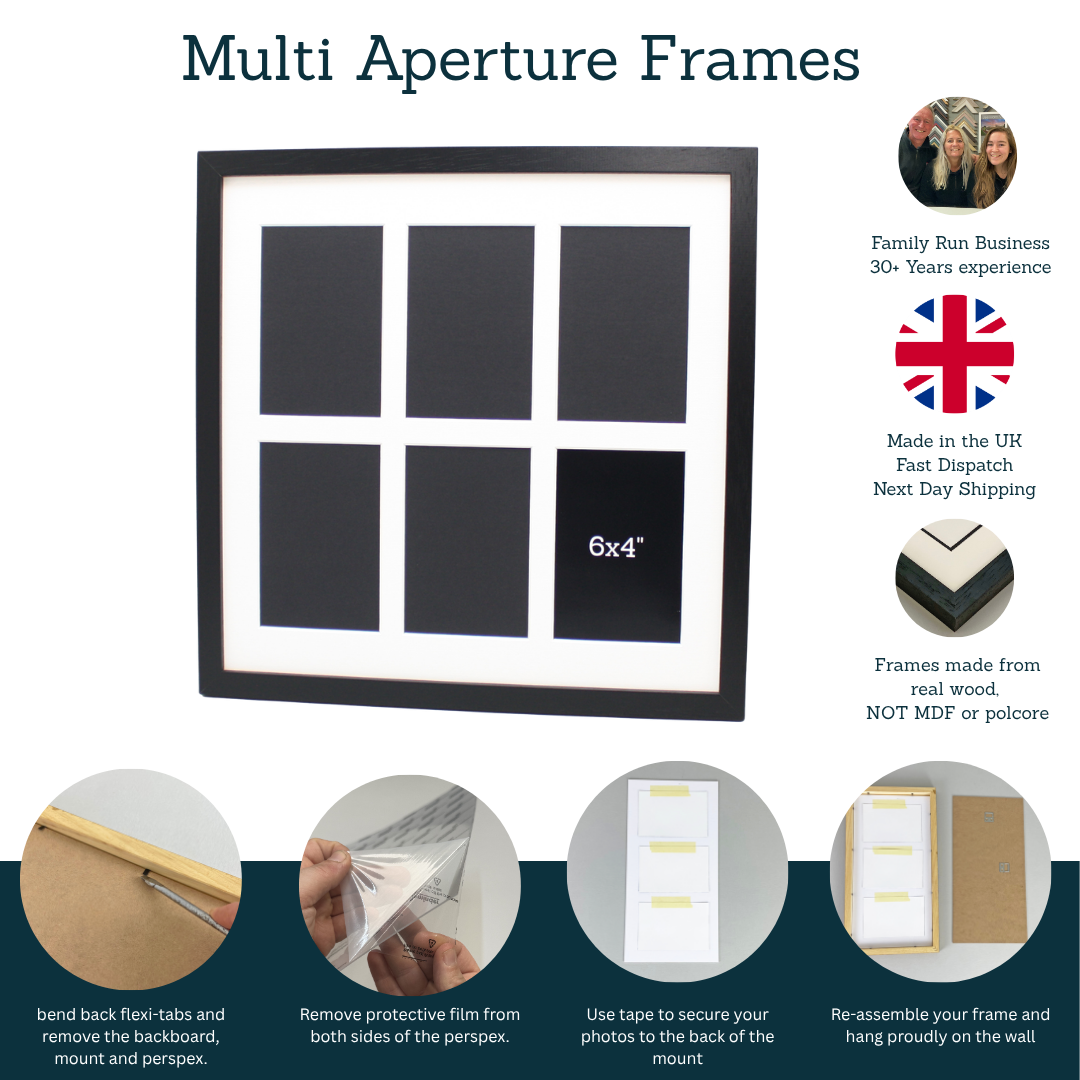 Suits Three 6x4" Photos. 20x40cm. Wooden Multi Aperture Picture Frame.