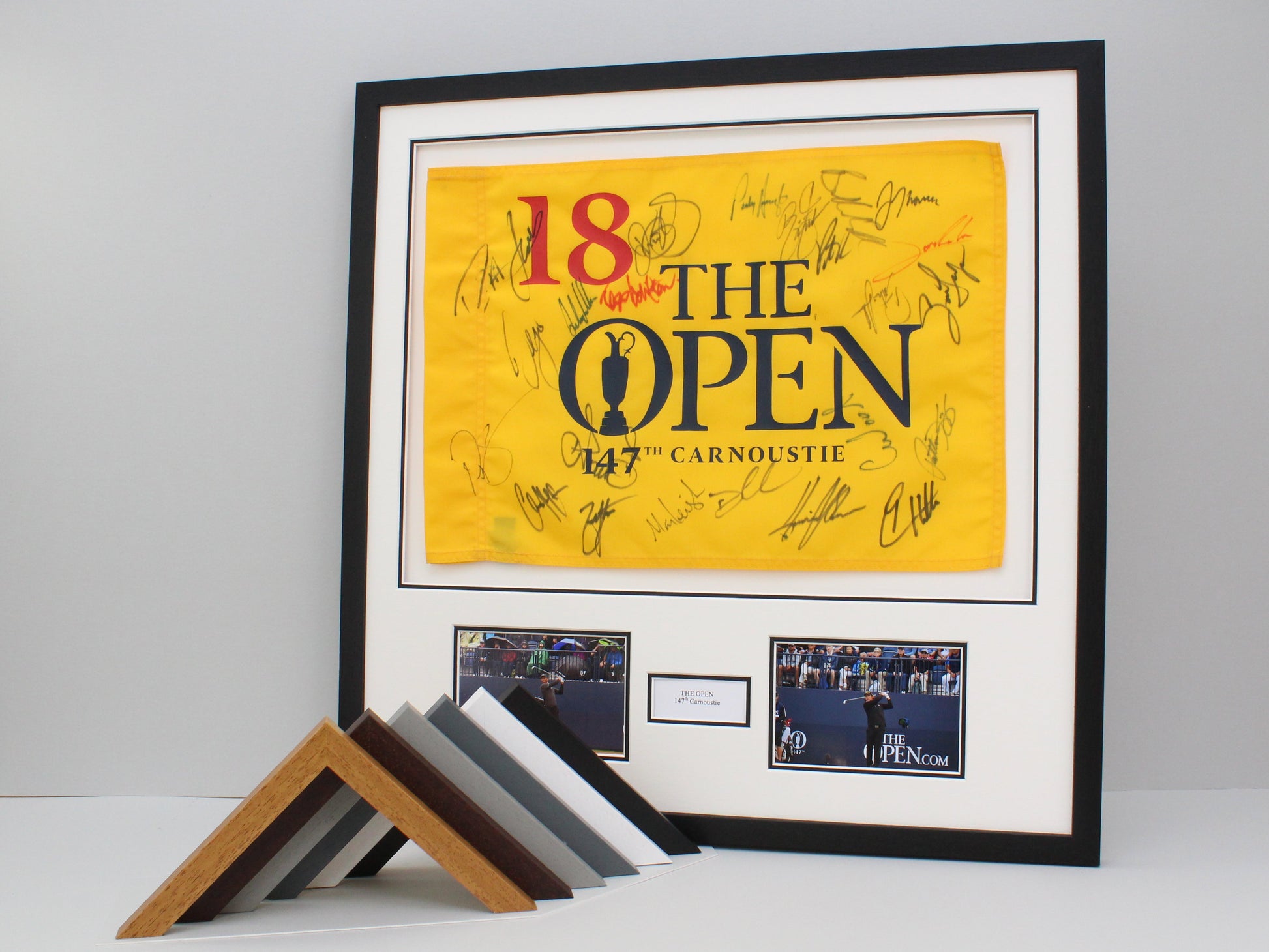 Personalised Flag Display Frame, with text box and two photographs. Perfect for Golf Flags. - PhotoFramesandMore - Wooden Picture Frames