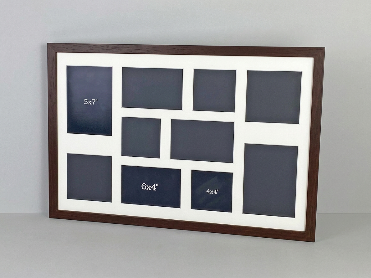 Suits 10 Images, 4x4", 6x4", 5x5", 5x7".Mixed apertures. 40x60cm. Wooden Multi Aperture Photo Frame.