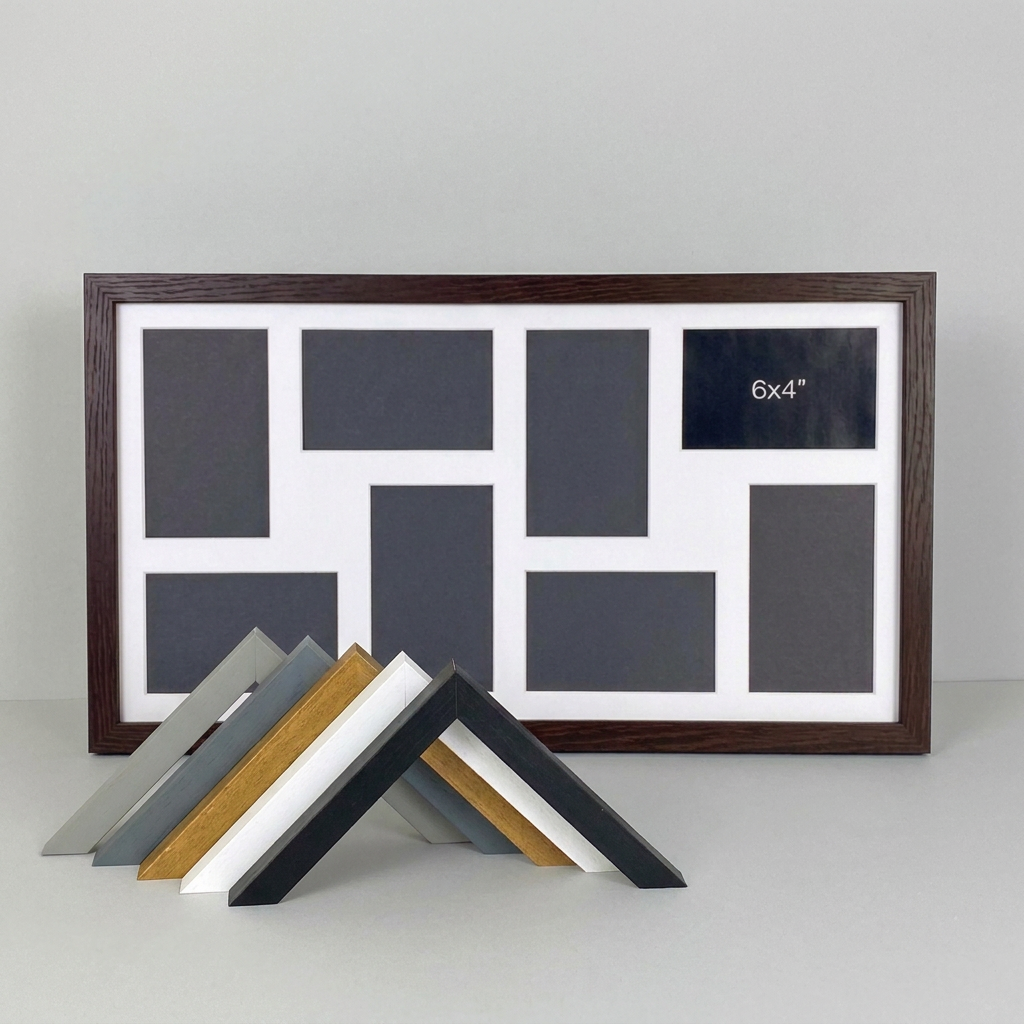 Suits Eight 6x4" Photos. 30x60cm. Wooden Multi Aperture Photo Frame.