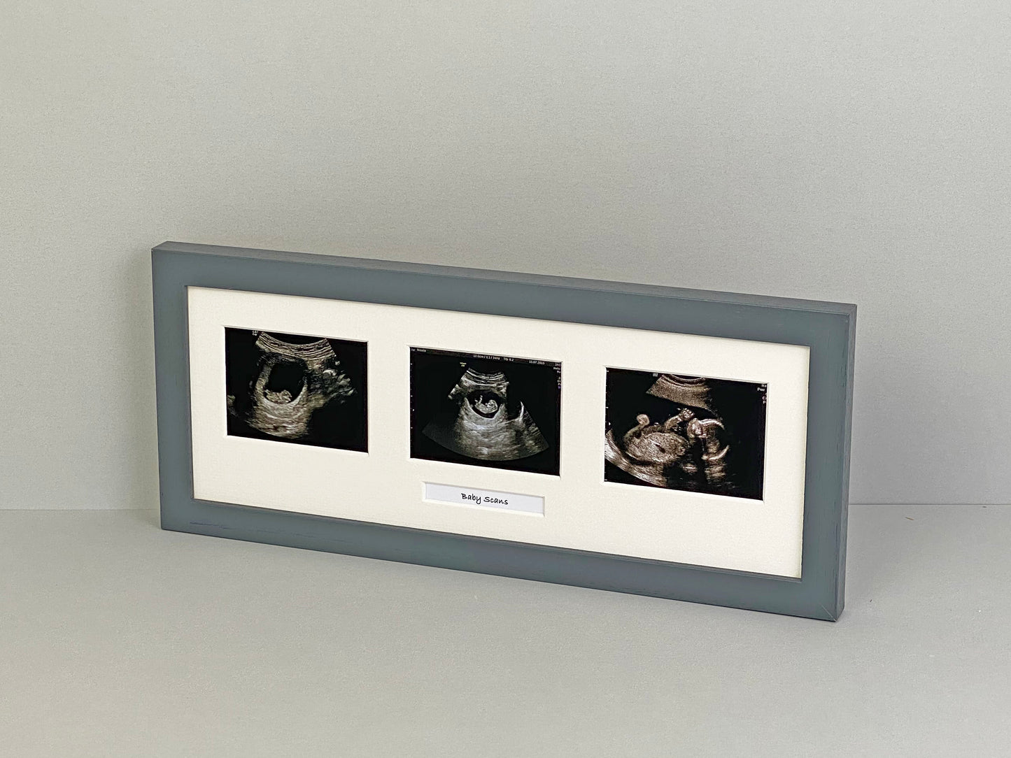 Landscape Baby Scan Frame for Three Scans and one Text Box. Optional Personalisation. - PhotoFramesandMore - Wooden Picture Frames