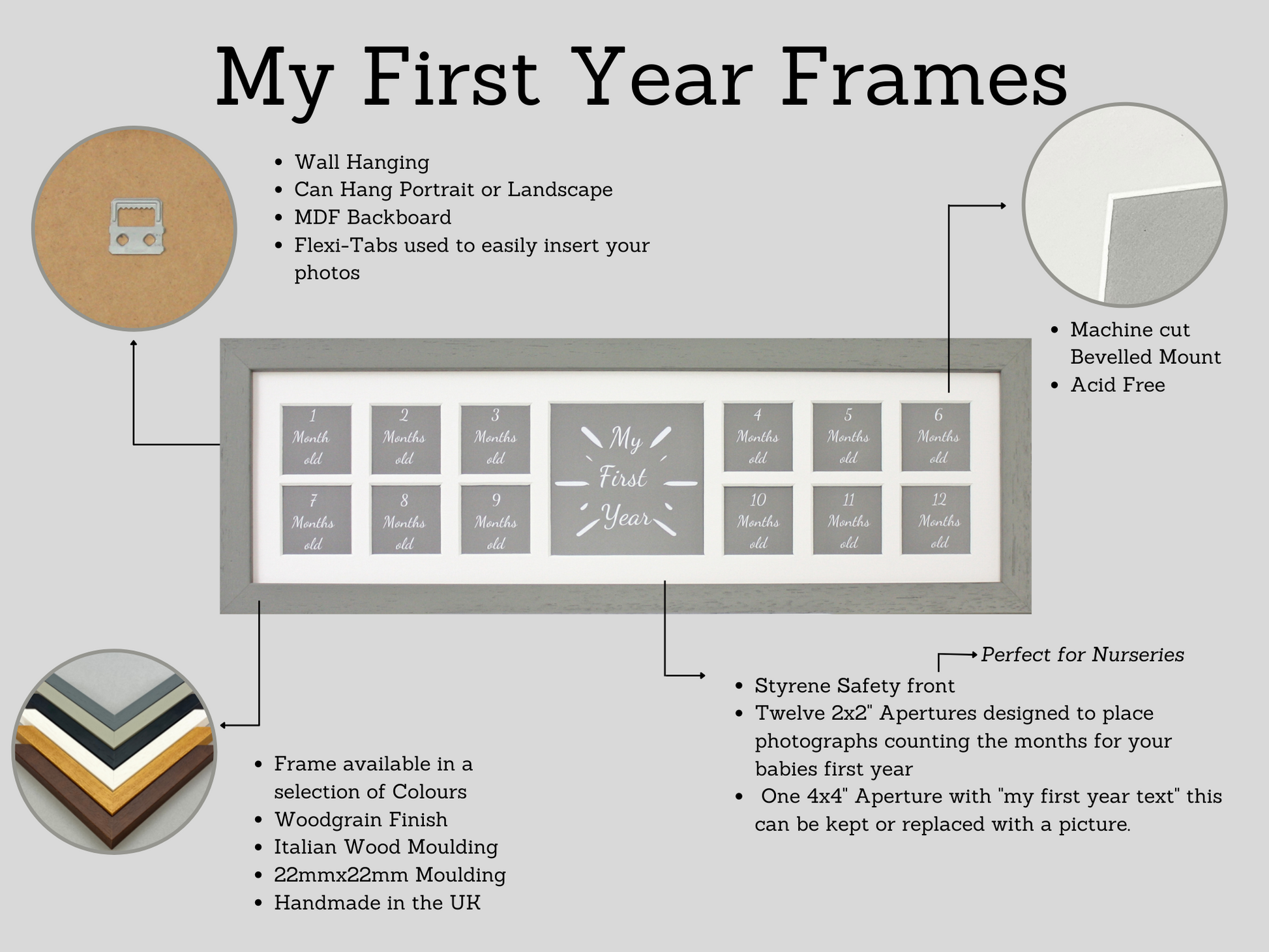 Baby's First Year - Multi Aperture Photo Frame. 15x50cm - PhotoFramesandMore - Wooden Picture Frames