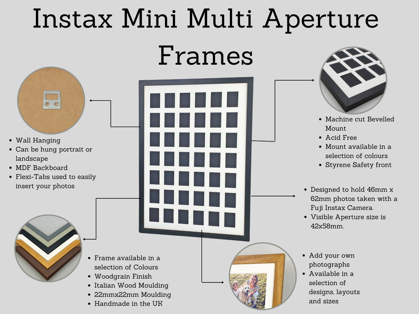 Instax Mini Multi Aperture Wooden Photo Frame. Holds Thirty-Six instax sized Photos. 40x50cm. Portrait or Landscape. - PhotoFramesandMore - Wooden Picture Frames