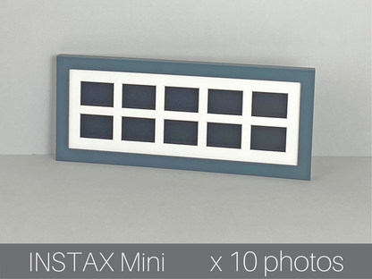 Instax Mini. Holds Ten instax sized Photos. Multi Aperture Wooden Photo Frame. 15x40cm.