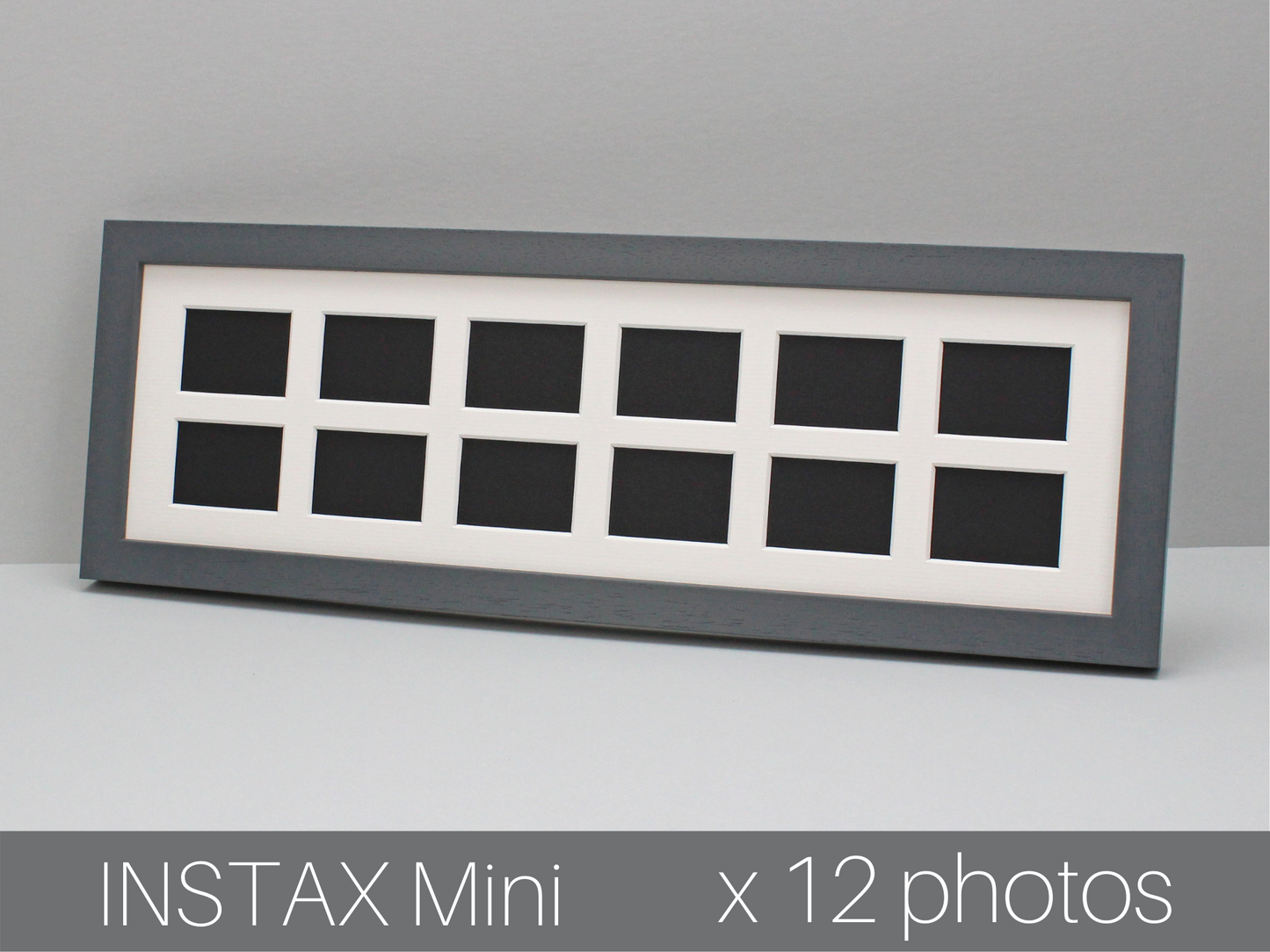 Instax Mini Multi Aperture Wooden Photo Frame. Holds Twelve instax sized Photos. 15x50cm.