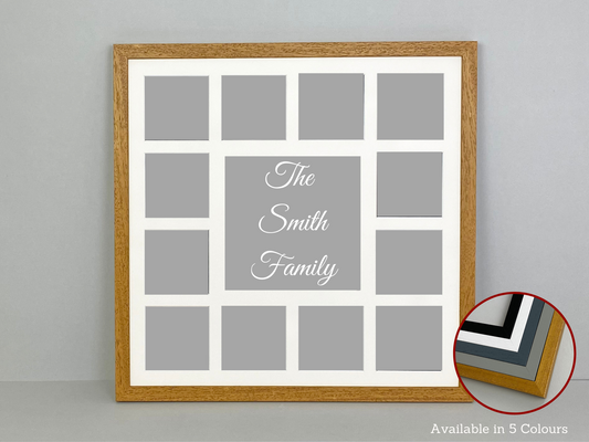 Personalised Multi Aperture Frame. One 8x8" Aperture for Text and Twelve 4x4" Apertures for your images. 50x50cm.