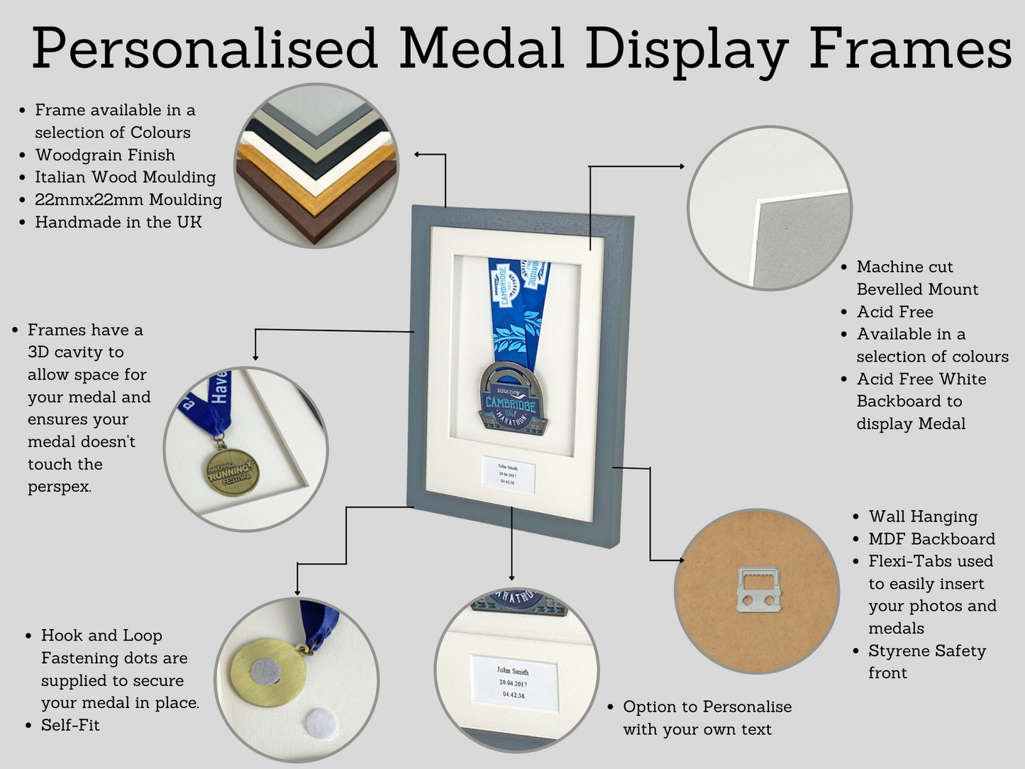 Personalised Medal display Frame with Caption. 20x60cm. - PhotoFramesandMore - Wooden Picture Frames