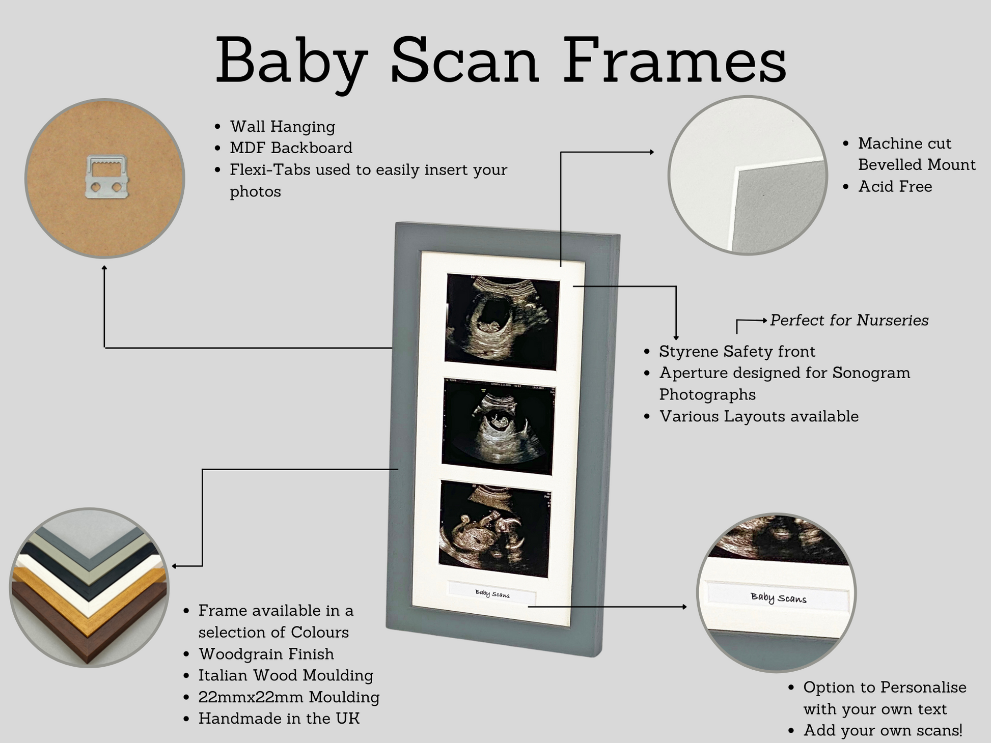 Landscape Baby Scan Frame for Three Scans and one Text Box. Optional Personalisation. - PhotoFramesandMore - Wooden Picture Frames