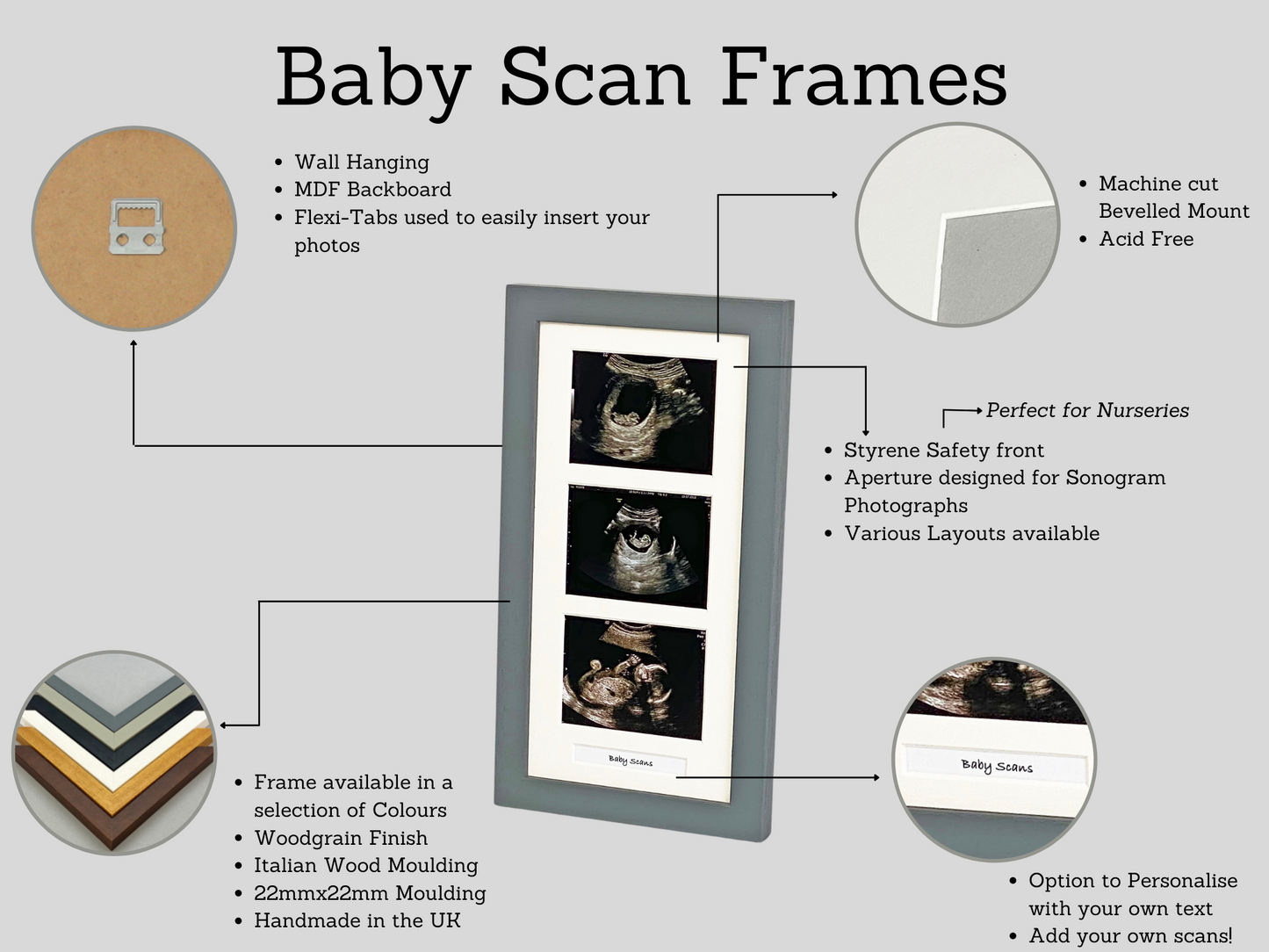 Landscape Baby Scan Frame for 6x4" Photo, Sonogram and text. Optional personalisation. - PhotoFramesandMore - Wooden Picture Frames