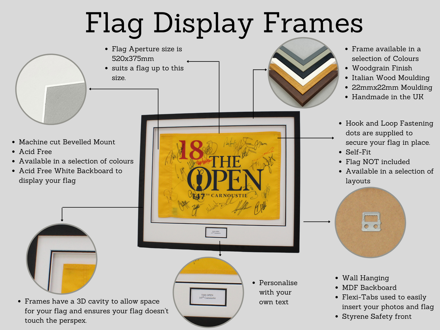 Personalised Flag Display Frame, with text box. Perfect for Golf Flags.