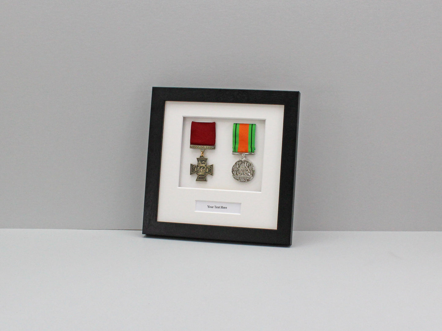 Personalised Military Medal display Frame for Two Medals and Text. 20x20cm. War Medals.