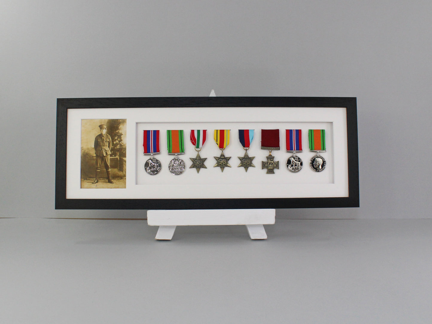 Military and Service Medal display Frame for Eight Medals and a 6x4" Photograph. 20x60cm. Handmade by Art@Home. War Medals. WW1. WW2.