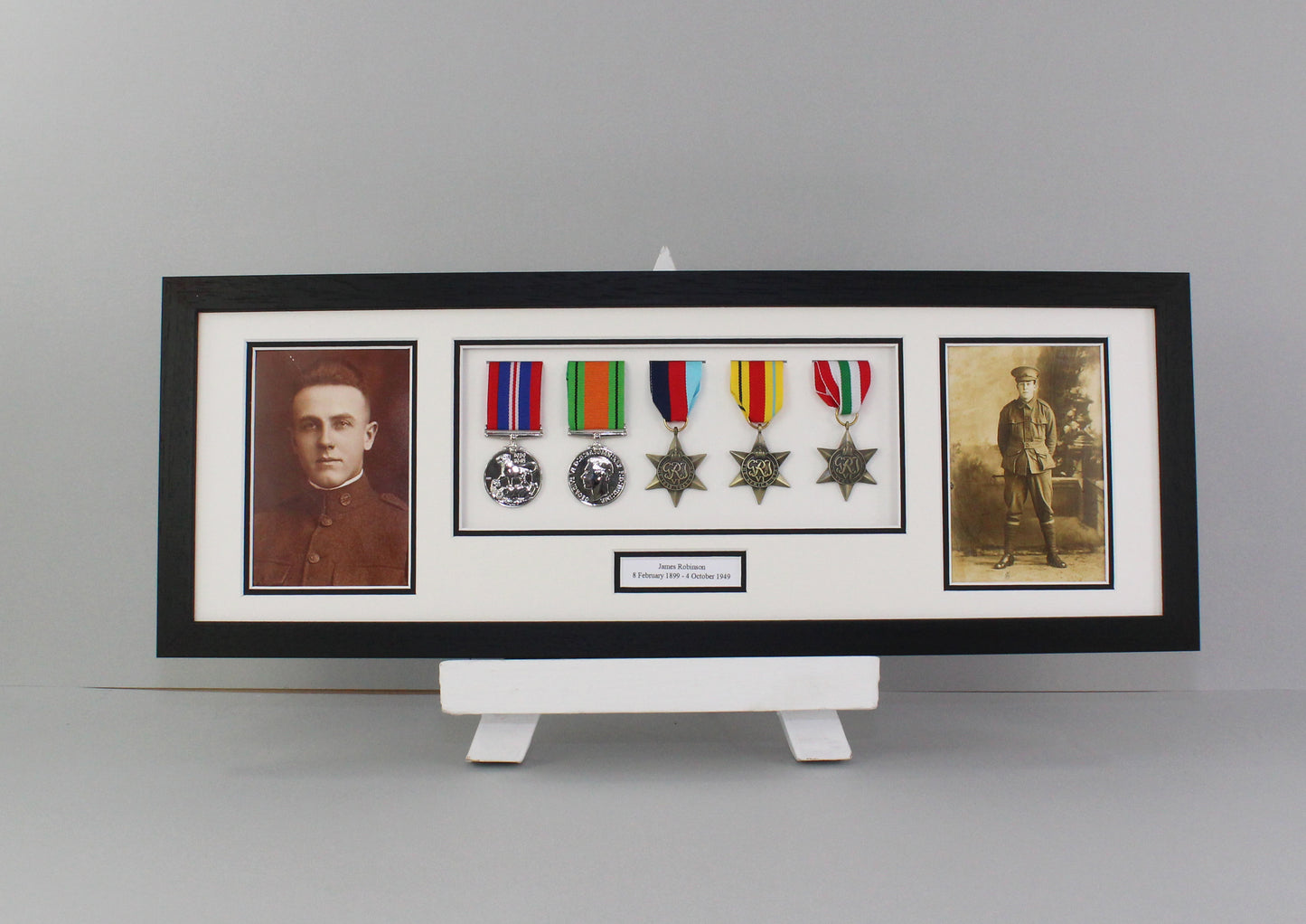 Personalised Military Medal display Frame for Five Medals and two 6x4" Photographs. 20x60cm.  War Medals. - PhotoFramesandMore - Wooden Picture Frames