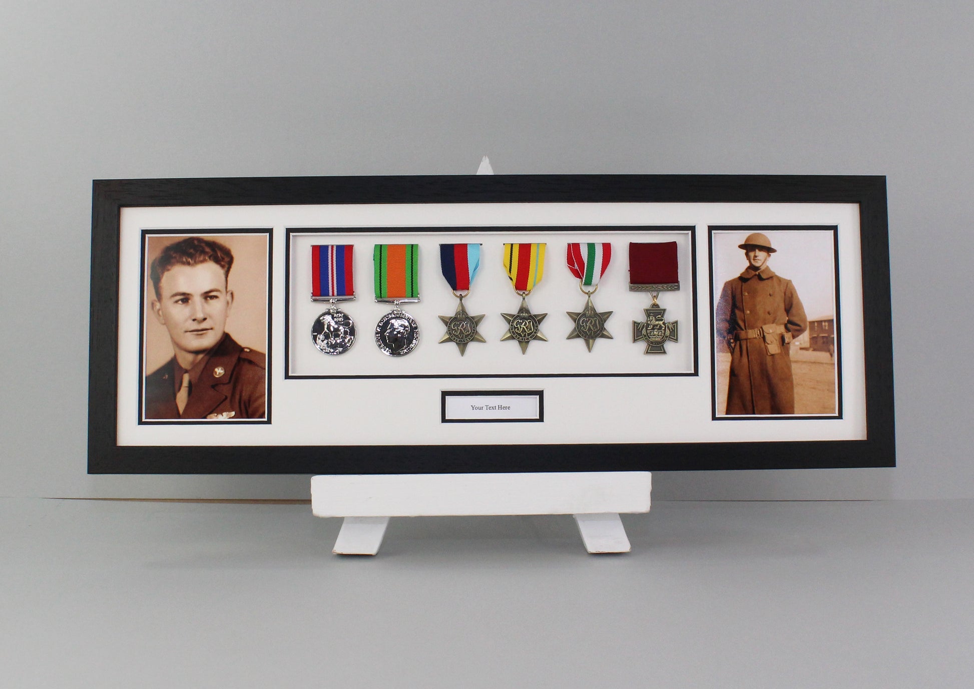 Personalised Military Medal display Frame for Six Medals and two 6x4" Photographs. 20x60cm.  War Medals. - PhotoFramesandMore - Wooden Picture Frames