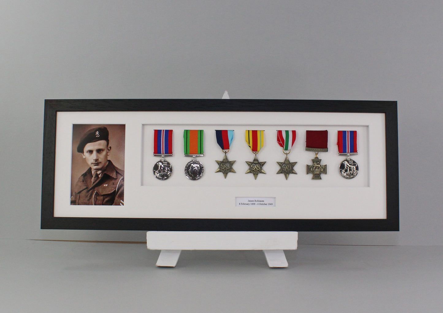 Personalised Military Medal display Frame for Seven Medals and a 6x4" Photograph. 20x60cm.  War Medals.