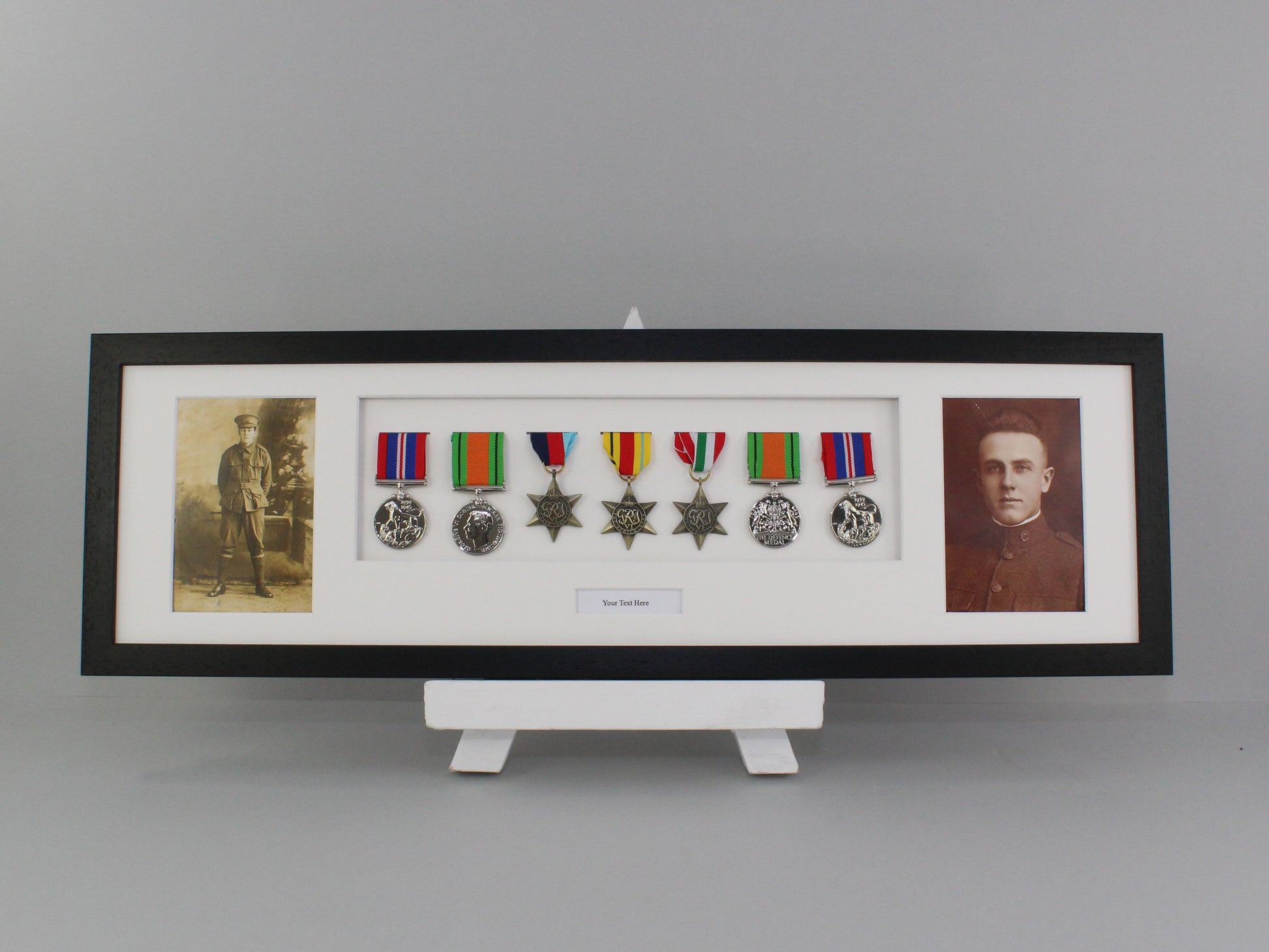 Personalised Military Medal display Frame for Seven Medals and two 6x4" Photographs. 20x70cm.  War Medals. - PhotoFramesandMore - Wooden Picture Frames