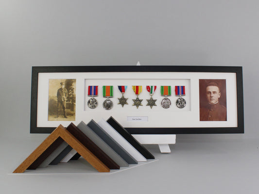 Personalised Military Medal display Frame for Seven Medals and two 6x4" Photographs. 20x70cm.  War Medals.